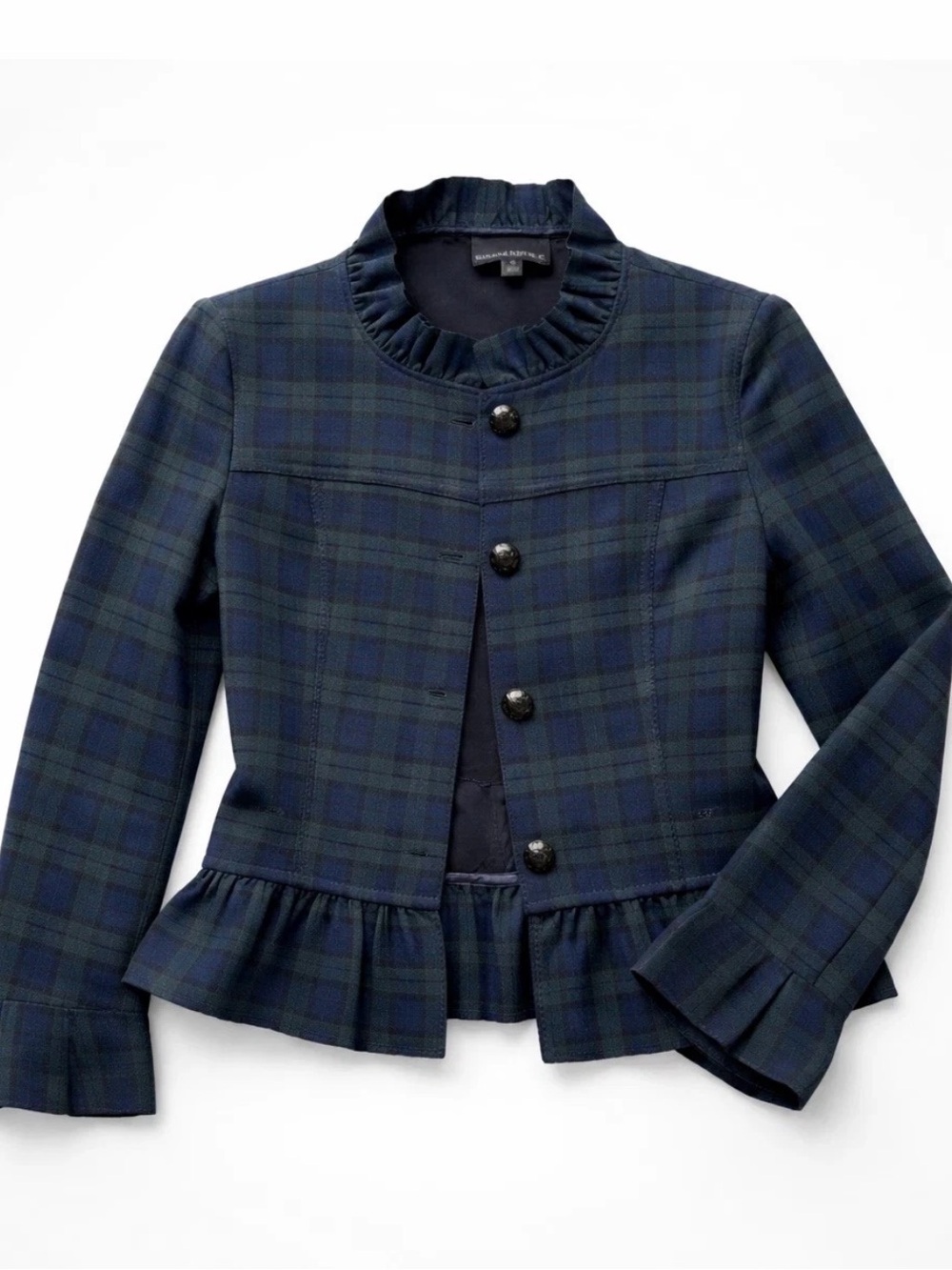 Armani Exchange Navy & Green Plaid Ruffle-Hem Blazer